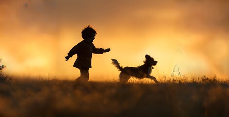 Silhouette of a boy playing with a dog in the field at sunset - obrazy, fototapety, plakaty