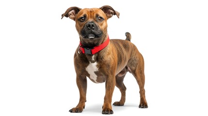 Staffordshire bull terrier with red collar isolated on white background