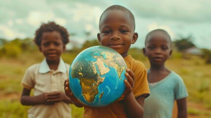 multicultural group of african children holding planet earth globe, representing global unity and cooperation for peace amidst defocused nature background