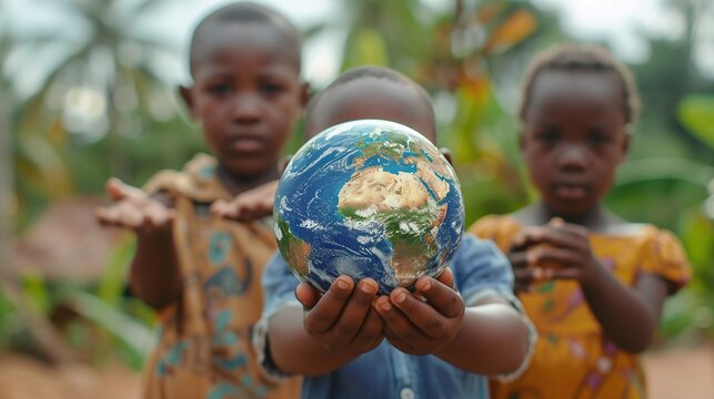 global unity and harmony concept depicted by african children holding earth globe, emphasizing diversity and cooperation on international day of peace