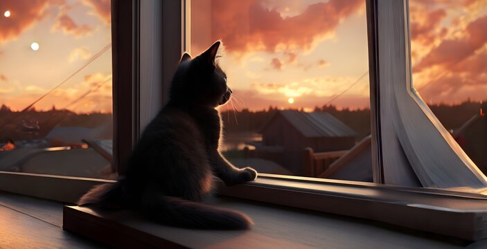 Siberian kitten sitting on the windowsill and watching the sunset