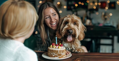 Beautiful woman with her dog celebrating birthday at home. Selective focus.