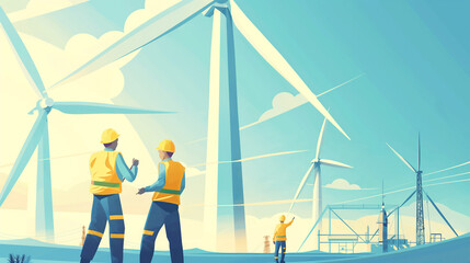 vector of clean renewable and alternative energy from wind turbine, windmill and solar energy generate electricity energy power with maintenance and electrical engineer