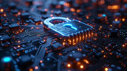 privacy protection banner with padlock on circuit board software web security concept