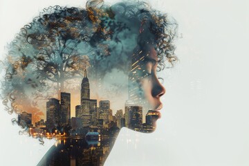 A city skyline merged with the intricate pattern of a person's face in a double exposure portrait