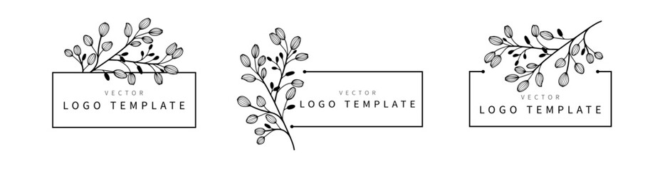 Set of hand drawn vector floral logos with branches and leaves on a white background. Floral frames, badges, logo design template