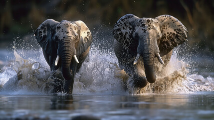 elephant in water - obrazy, fototapety, plakaty