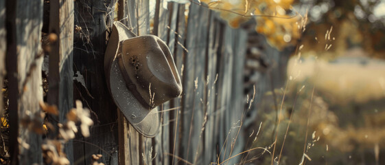 Old cowboy hat evokes a nostalgic sense of the Wild West on weathered fence. - obrazy, fototapety, plakaty