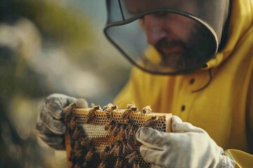Beekeeper holding a honeycomb full of bees, working collect honey. Beekeeping. - obrazy, fototapety, plakaty
