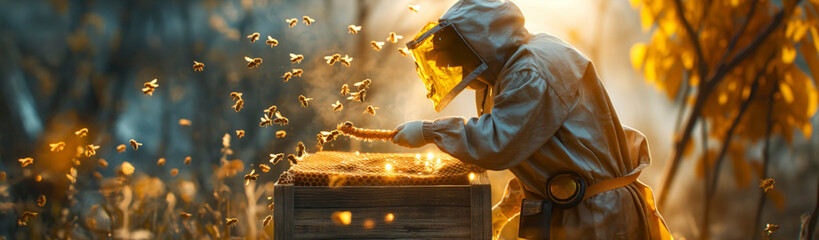 Beekeeper holding a honeycomb full of bees, working collect honey. Beekeeping.