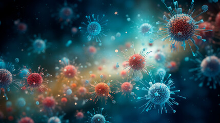 An abstract collection showcases the vast diversity of viruses, highlighting the colorful array of pathogens that pose challenges to health and science. - obrazy, fototapety, plakaty