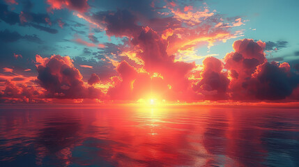 Sun Setting Over Ocean With Clouds - obrazy, fototapety, plakaty