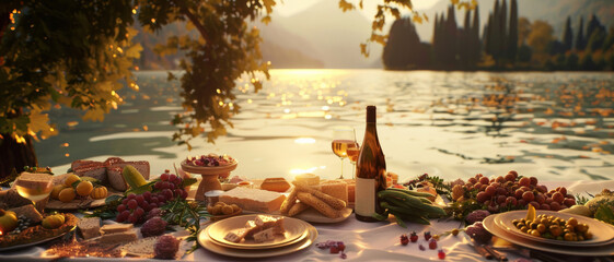 Lakeside picnic at sunset with a lavish spread of food and wine amidst nature. - obrazy, fototapety, plakaty