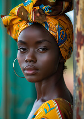 A Portrait of a Young African Woman Wearing a Vibrant Yellow Head