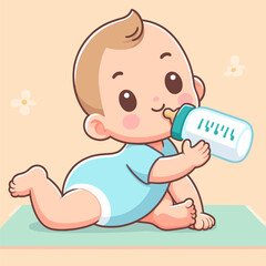 Baby Toddler Sitting And Drink From The Feeding Bottle WITH CRAWLING