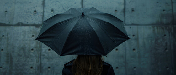 Person under a black umbrella against a rainy concrete background.