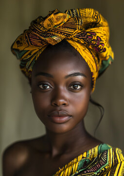 A Portrait of a Young African Woman Wearing a Vibrant Yellow Head