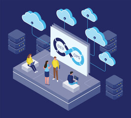 Isometric illustration of cloud DevOps, a group of people working on a project