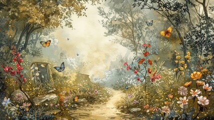 Pastel tones painting a dreamlike forest glade butterflies dancing around vibrant flowers