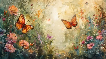 Fototapeta na wymiar Pastel tones painting a dreamlike forest glade butterflies dancing around vibrant flowers