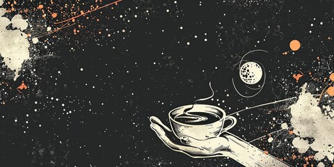 Simple line Illustration coffee tea HAND Flying In The Universe black color grunge texture, colorful element, empty space chalkboard banner. - obrazy, fototapety, plakaty
