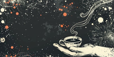Simple line Illustration coffee tea HAND Flying In The Universe black color grunge texture, colorful element, empty space chalkboard banner.