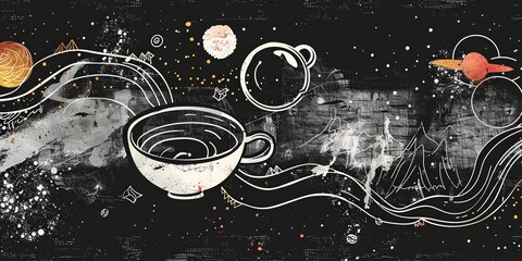 Simple line Illustration coffee tea HAND Flying In The Universe black color grunge texture, colorful element, empty space chalkboard banner. - obrazy, fototapety, plakaty
