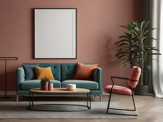 The elegant and well-designed living room mockup features solid color elements and white frames, providing a modern and inviting space for your creative copy. Generative AI