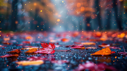 Red Leaf on Ground in Rain