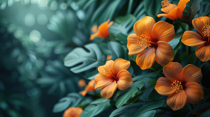Cluster of Orange Flowers With Green Leaves - obrazy, fototapety, plakaty