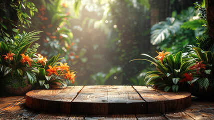 Wooden Platform With Flowers in the Middle - obrazy, fototapety, plakaty