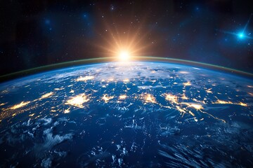 Fototapeta premium planet Earth at night, as seen from space. The image is dominated by the blue and green continents of Earth, which are illuminated by the soft light of the setting sun