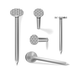 Realistic New Nails and Nails Hammered Into Wall, Showcasing Steel Or Silver Heads. Straight Metal Spikes, Hobnails