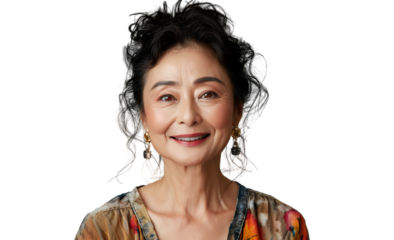 a U50 year old Chinese lady that is smiling but Young, stylish, rich. in a T-shirt. half length photo at about 30 degrees. head slightly raised, smile at the corner of his mouth isolated PNG