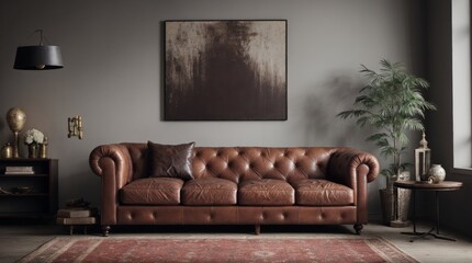 Classic vintage leather seat in softly lit stylish living room 