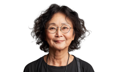a U50 year old Chinese lady that is smiling but Young, stylish, rich. in a T-shirt. half length photo at about 30 degrees. head slightly raised, smile at the corner of his mouth isolated PNG