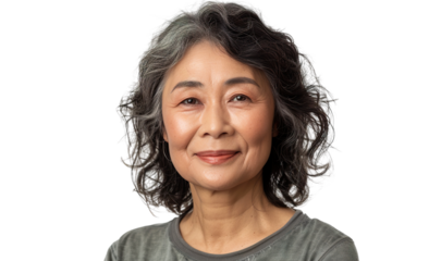 a U50 year old Chinese lady that is smiling but Young, stylish, rich. in a T-shirt. half length photo at about 30 degrees. head slightly raised, smile at the corner of his mouth isolated PNG