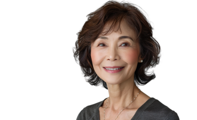 a U50 year old Chinese lady that is smiling but Young, stylish, rich. in a T-shirt. half length photo at about 30 degrees. head slightly raised, smile at the corner of his mouth isolated PNG