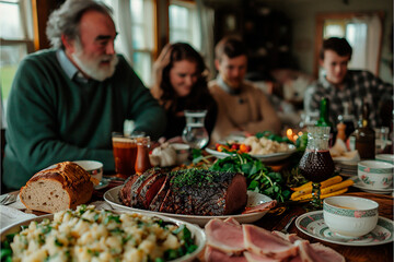 Family gathering for a St. Patrick's Day feast, with a table filled with traditional Irish dishes like corned beef and cabbage, soda bread, and colcannon - obrazy, fototapety, plakaty