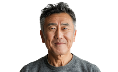 a U50 year old Chinese man that is smiling but Young, stylish, rich. in a T-shirt. half length photo at about 30 degrees. head slightly raised, smile at the corner of his mouth isolated PNG