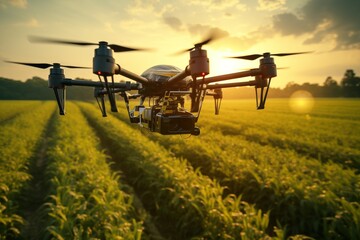 Smart agricultural drones over lush farmland Precision farming technology at sunset 