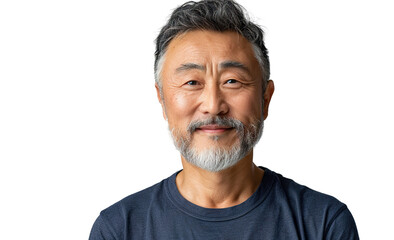 a U50 year old Chinese man that is smiling but Young, stylish, rich. in a T-shirt. half length photo at about 30 degrees. head slightly raised, smile at the corner of his mouth isolated PNG - Powered by Adobe