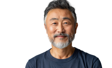 a U50 year old Chinese man that is smiling but Young, stylish, rich. in a T-shirt. half length photo at about 30 degrees. head slightly raised, smile at the corner of his mouth isolated PNG