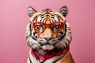 A tiger wearing red glasses is staring at the camera