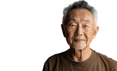 a U50 year old Chinese man that is smiling but Young, stylish, rich. in a T-shirt. half length photo at about 30 degrees. head slightly raised, smile at the corner of his mouth isolated PNG