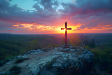 Ash wednesday, A cross located on a cliff near the sea, The evening sky near dusk is colorful and beautiful - obrazy, fototapety, plakaty