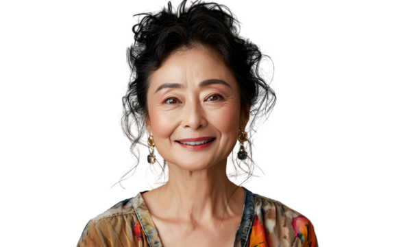 a U50 year old Chinese lady that is smiling but Young, stylish, rich. in a T-shirt. half length photo at about 30 degrees. head slightly raised, smile at the corner of his mouth isolated PNG