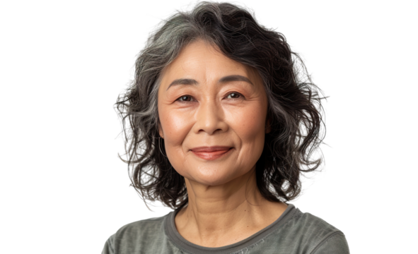 a U50 year old Chinese lady that is smiling but Young, stylish, rich. in a T-shirt. half length photo at about 30 degrees. head slightly raised, smile at the corner of his mouth isolated PNG