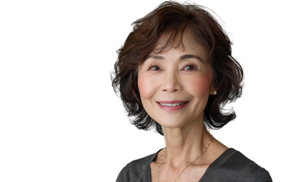 a U50 year old Chinese lady that is smiling but Young, stylish, rich. in a T-shirt. half length photo at about 30 degrees. head slightly raised, smile at the corner of his mouth isolated PNG