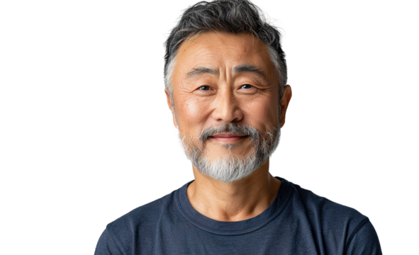 a U50 year old Chinese man that is smiling but Young, stylish, rich. in a T-shirt. half length photo at about 30 degrees. head slightly raised, smile at the corner of his mouth isolated PNG